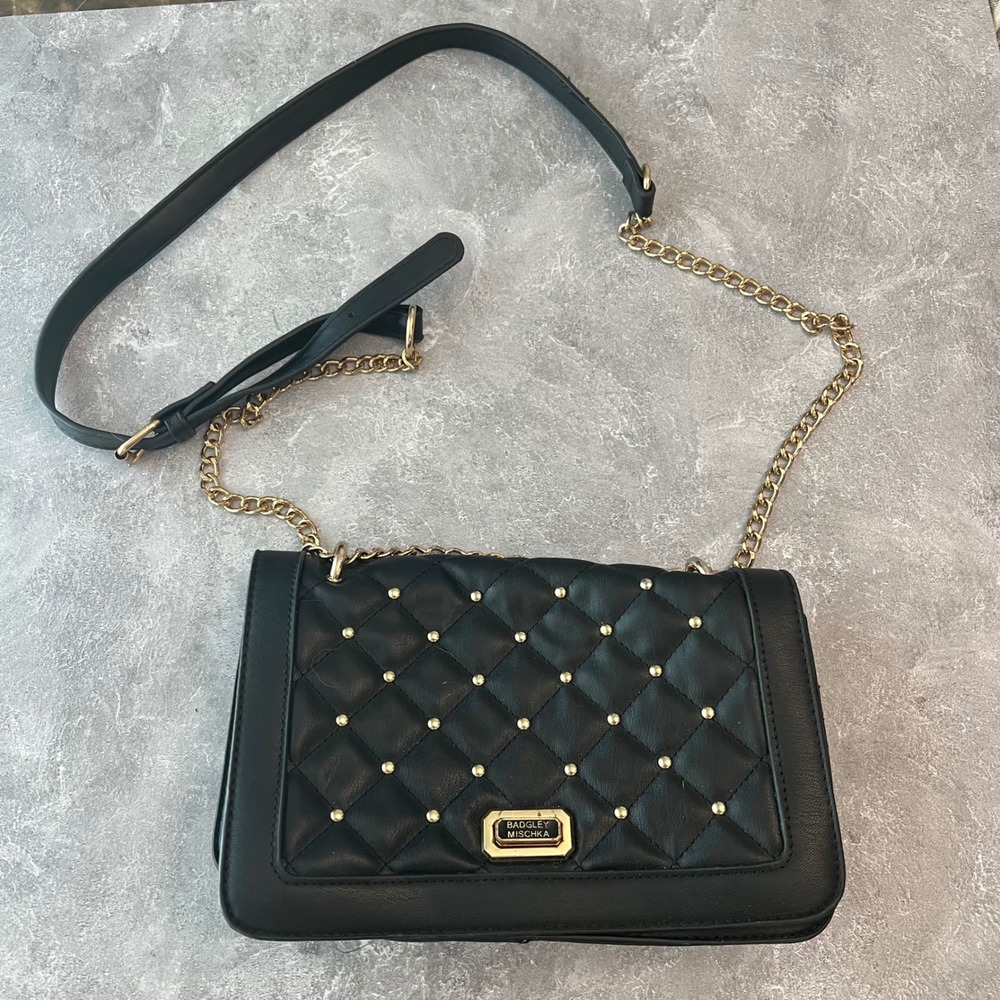 Badgley Mischka Black‎ Quilted Studded Crossbody Bag Chain Strap Purse